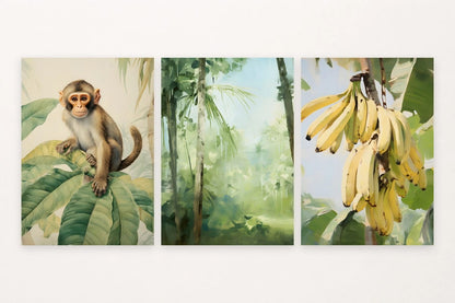 Tropical prints with a monkey, palm grove, and yellow bananas among leaves.