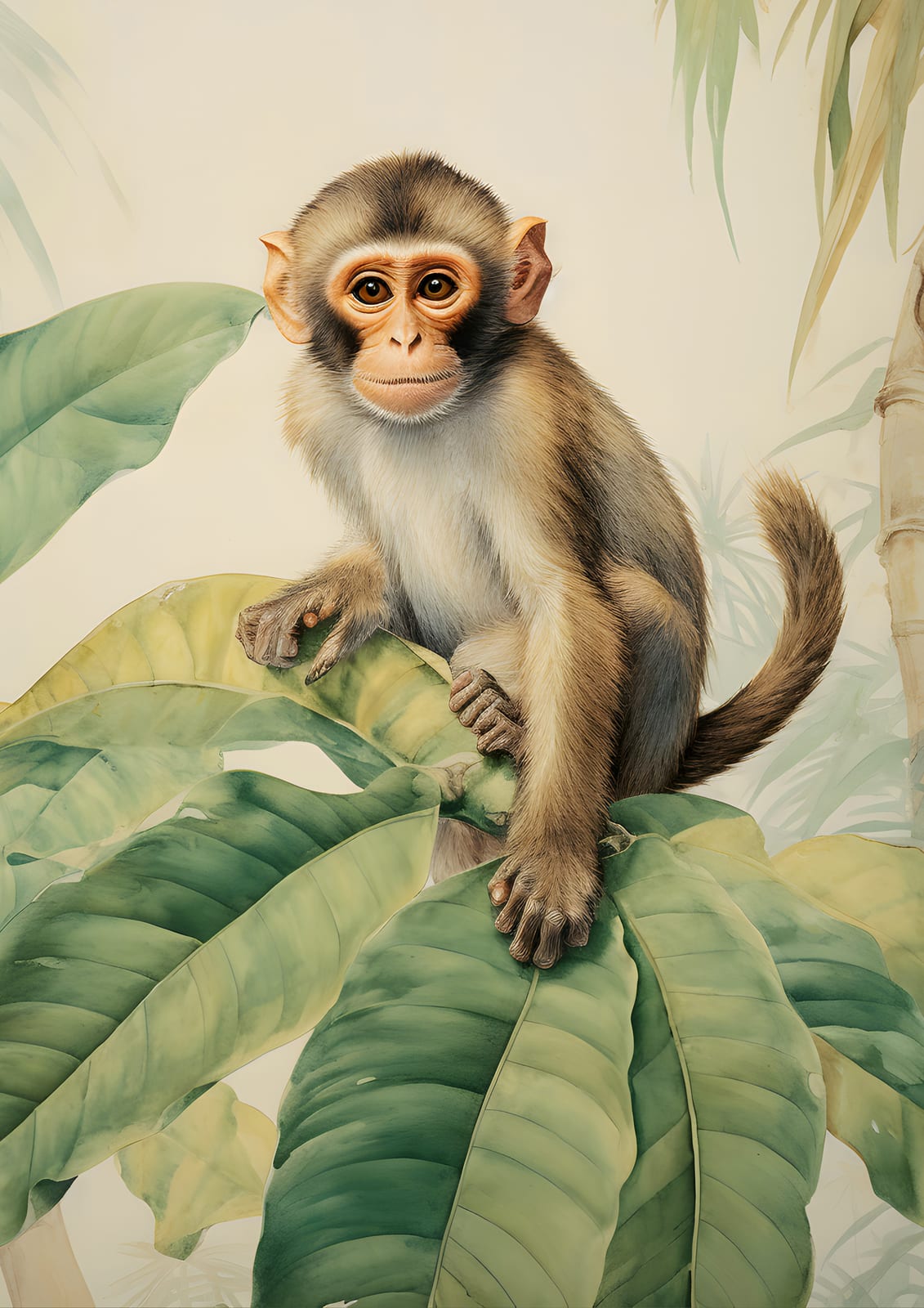 monkey among large leaves.