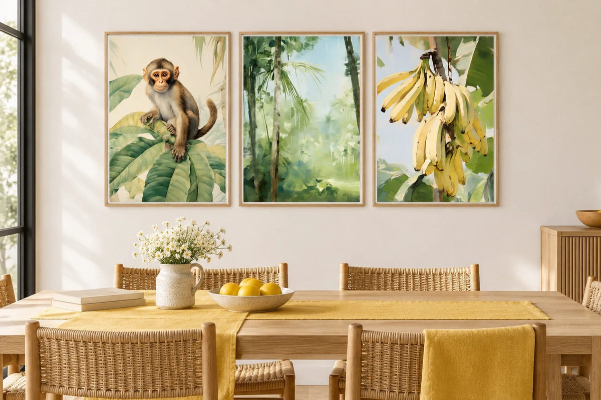 Tropical triptych in a bright dining room with a yellow accent.
