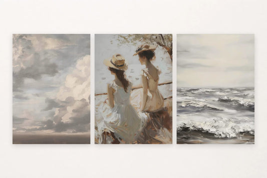 Three waterside prints show a clouded horizon, two women by the water, and rows of waves.