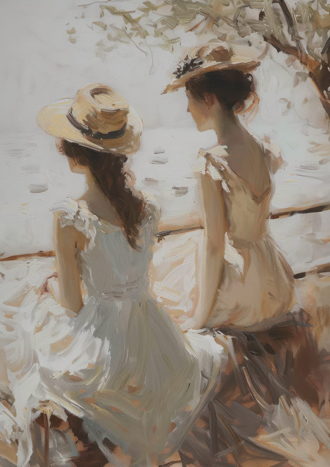 Two women in light dresses and broad-brimmed hats beside the water.