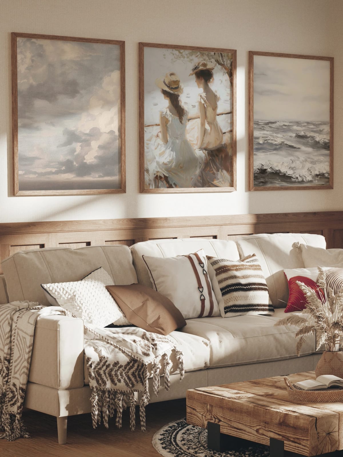 Clouds, two women by water, and ocean waves grouped in a room; frames are not included.