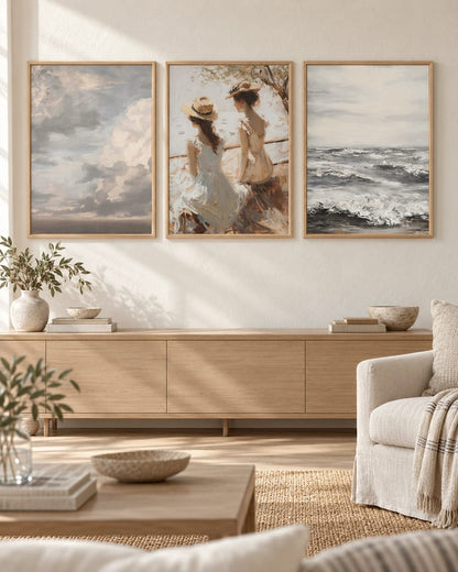 The soft-tone coastal prints shown as a three-panel wall set; frames are not included.
