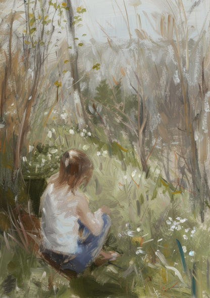 figure seated with their back to the viewer in a garden.