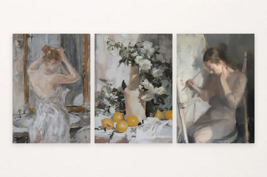 Three prints show a woman at a mirror, flowers with lemons, and a woman beside an easel.