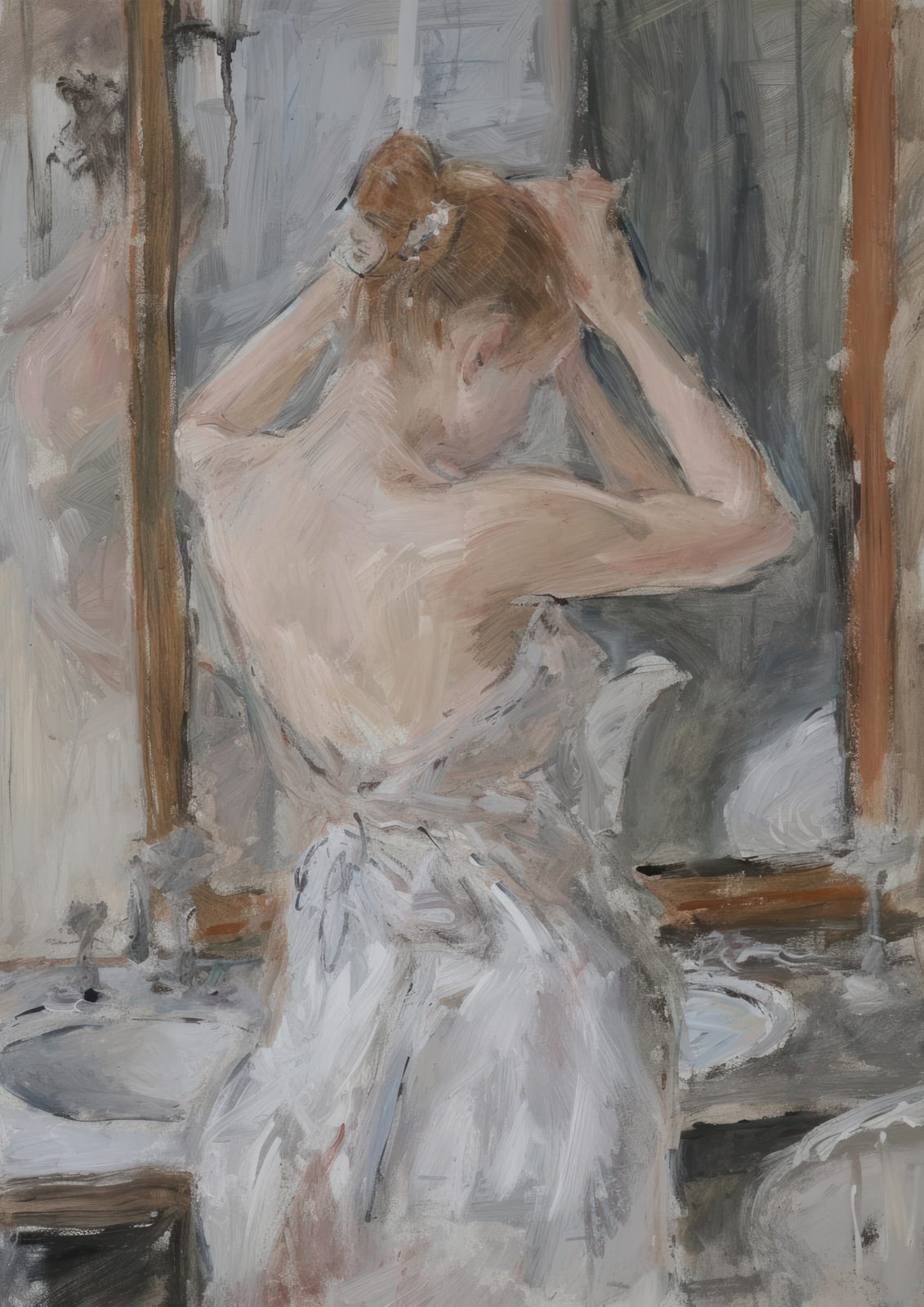 A woman at a mirror touching her hair.