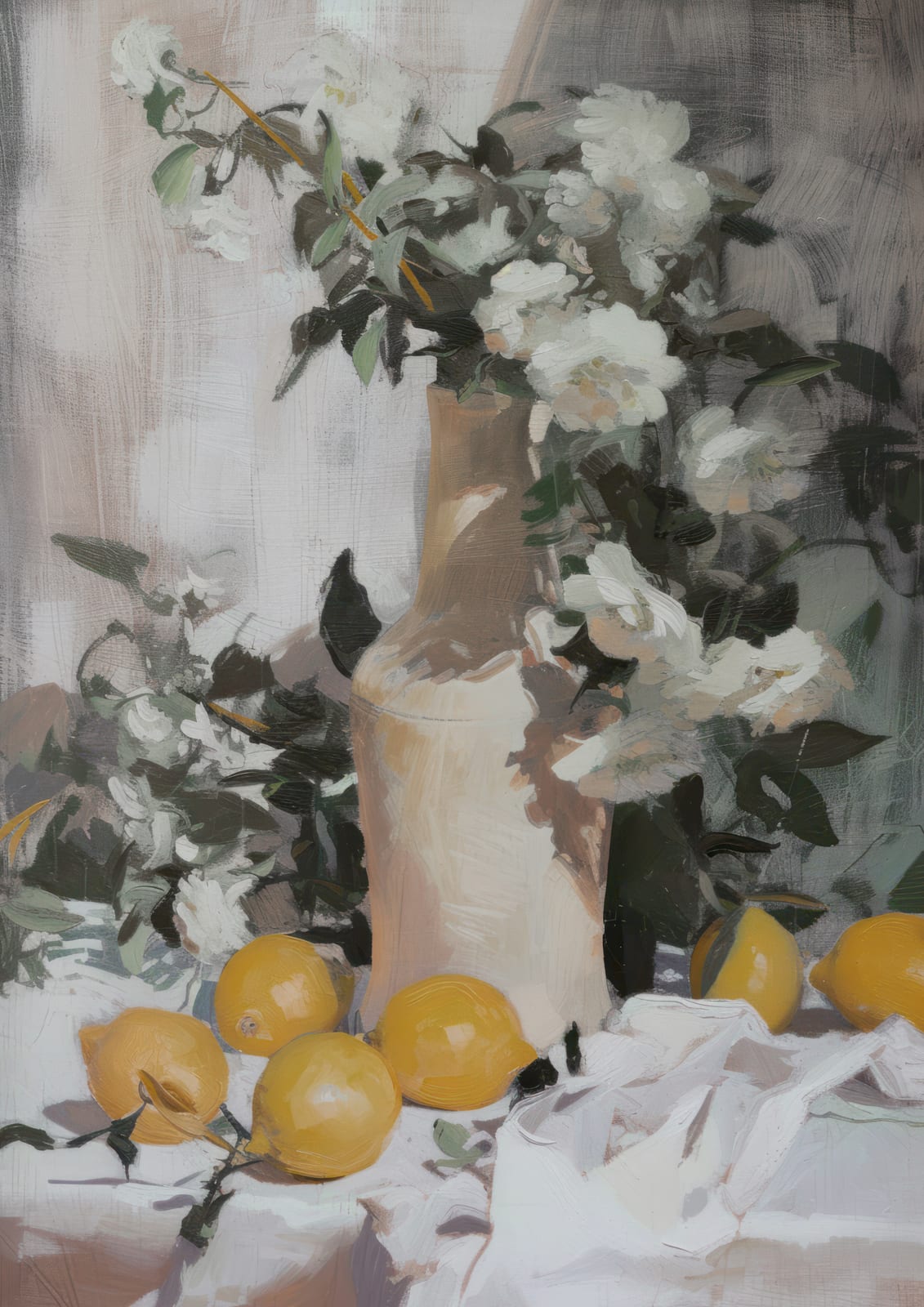 White flowers and yellow lemons in a still life.