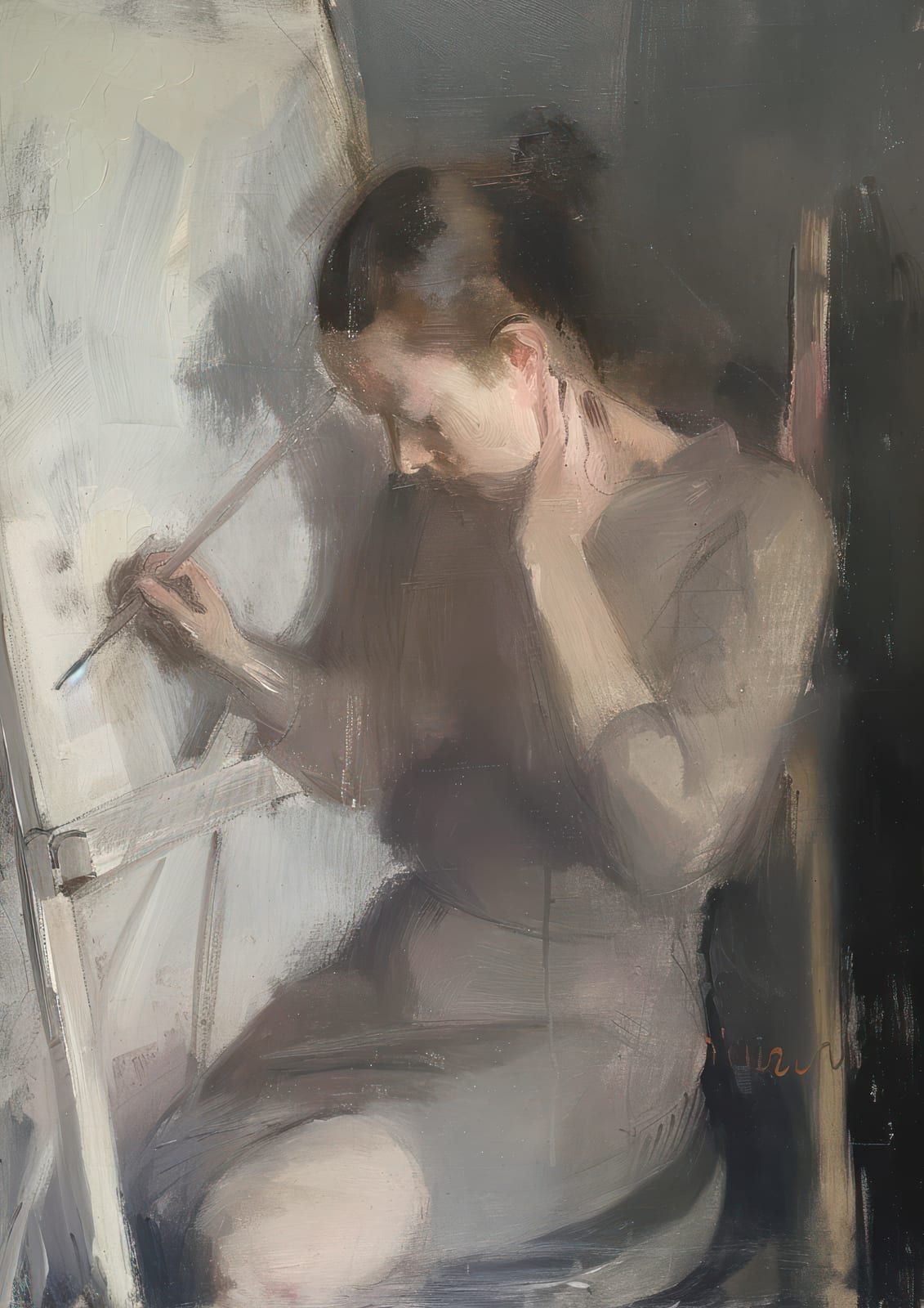 A woman with a brush beside an easel.