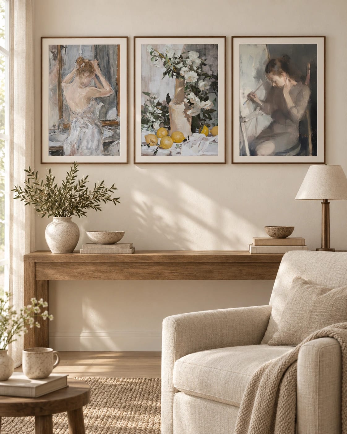 The three contrasting figure and still-life prints grouped on a wall; frames are not included.