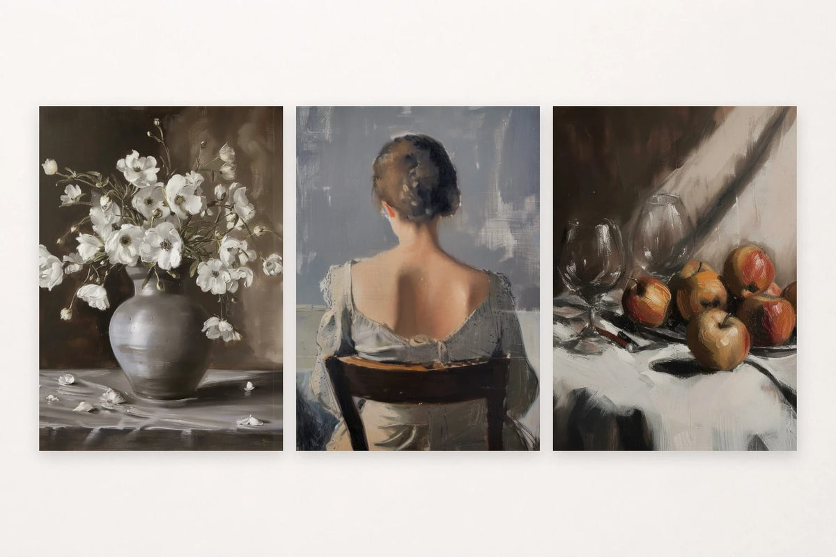 Three still-life and figure prints show white flowers, a seated woman, and apples with dark glassware.