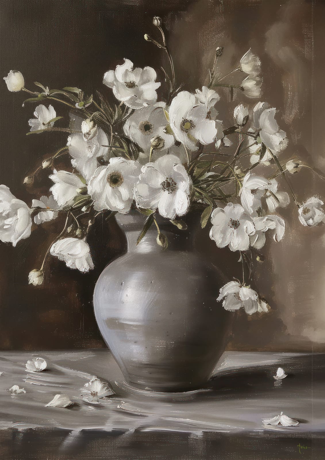 White flowers in a rounded gray vase against a dark background.