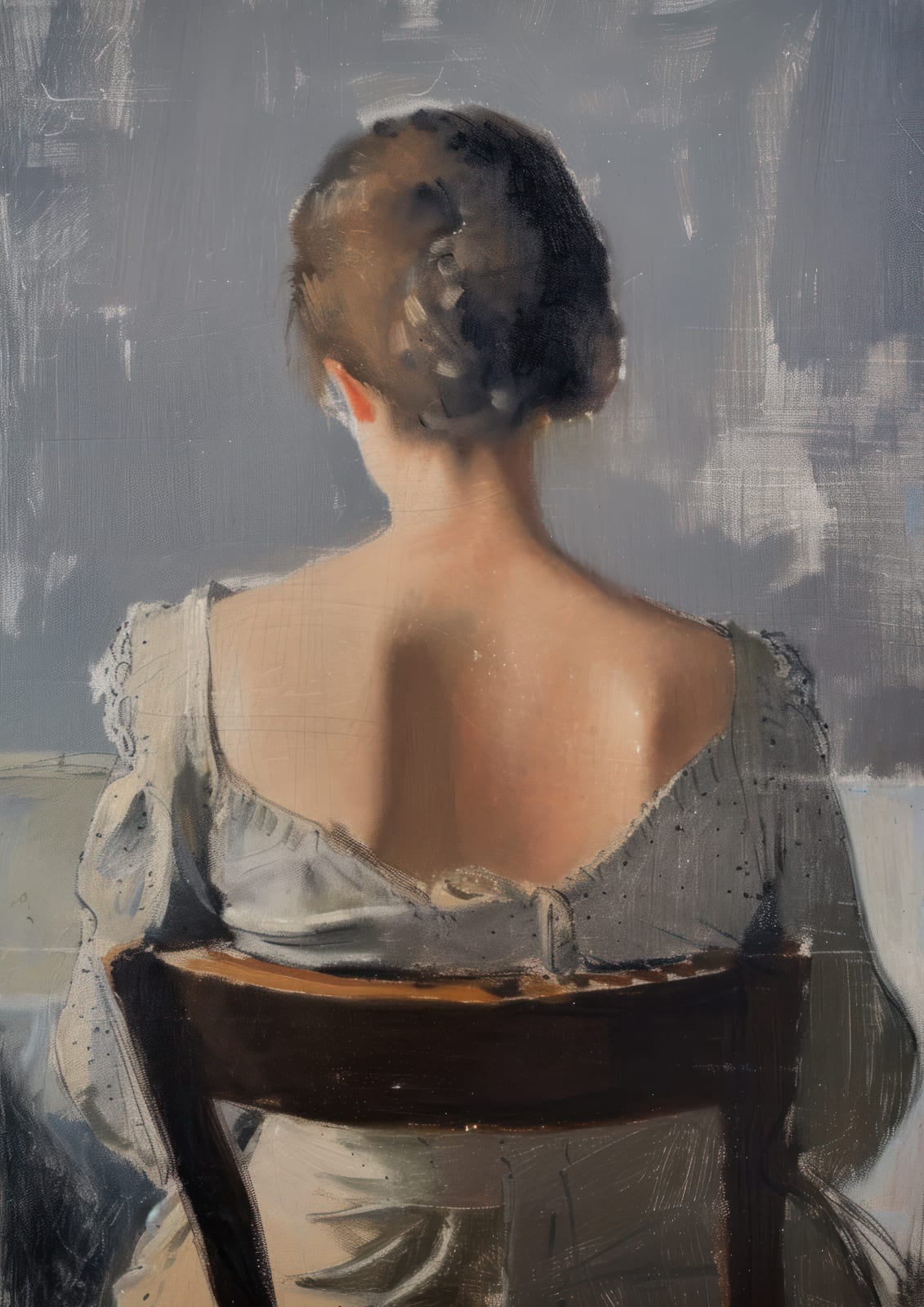 A seated woman seen from behind.