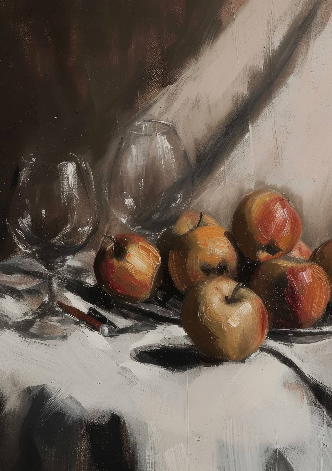 Red and yellow apples beside dark glassware on a pale cloth.