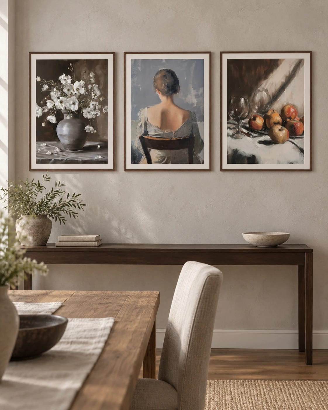 The flower, figure, and fruit still lifes shown together on a wall; frames are not included.
