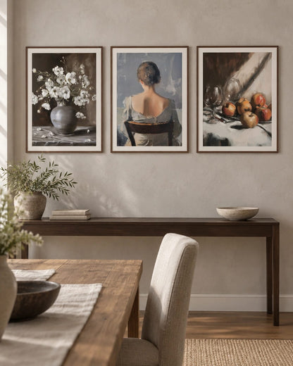 The flower, figure, and fruit still lifes shown together on a wall; frames are not included.