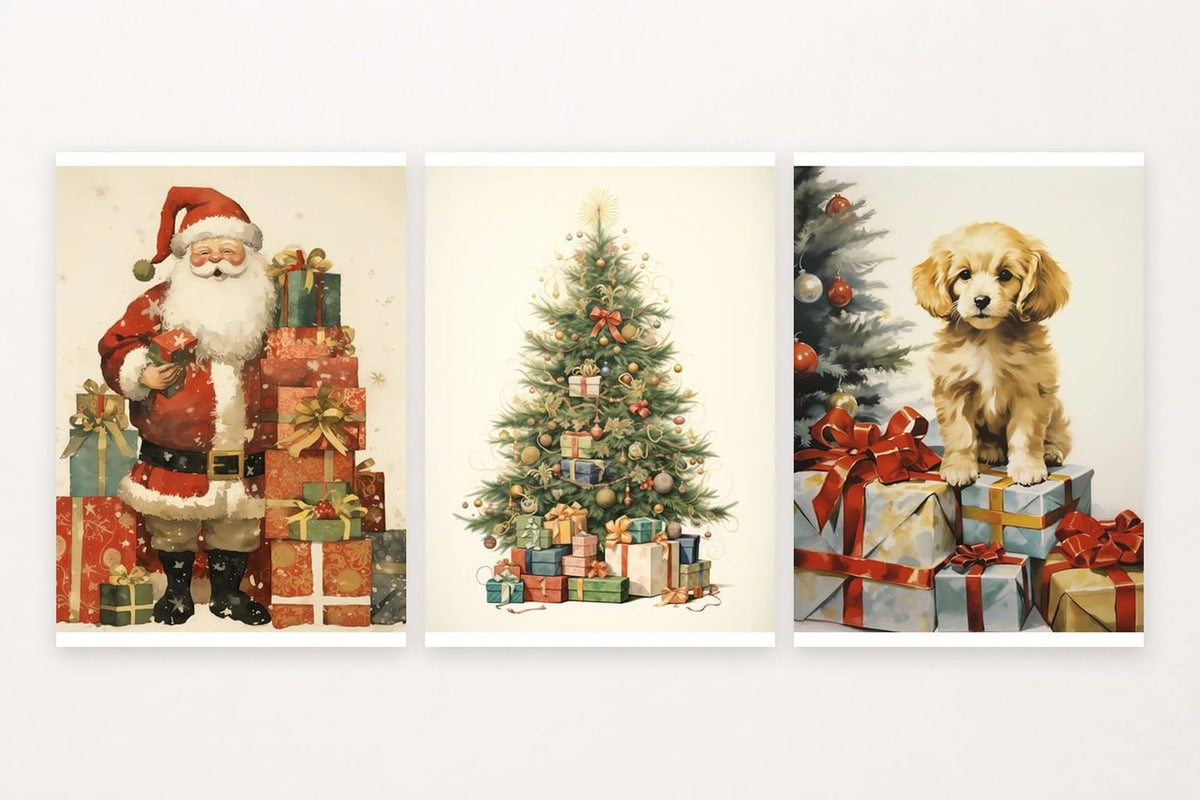 Three holiday prints with Santa and gifts, a decorated tree, and a puppy.