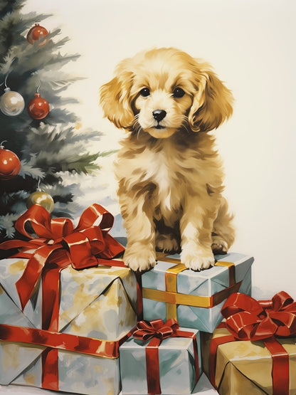a puppy beside a tree