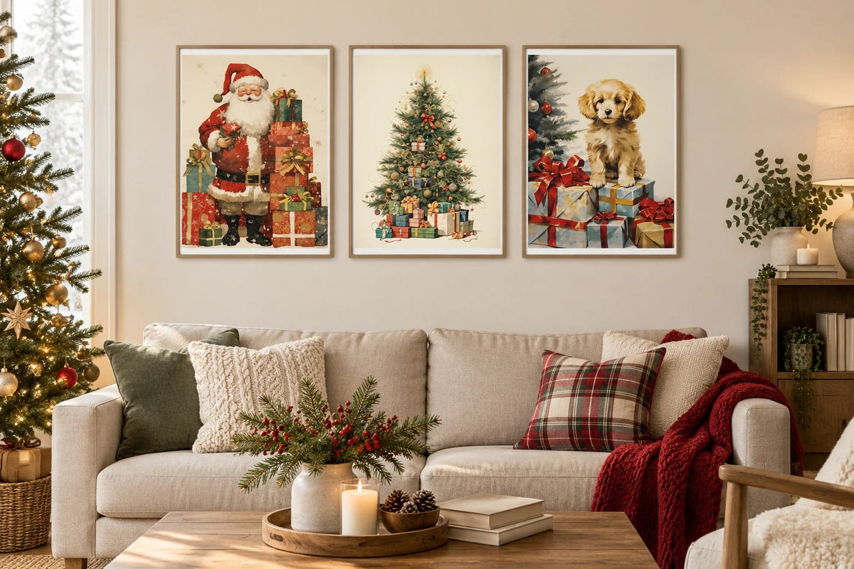 Santa, tree, and puppy prints displayed above a sofa.