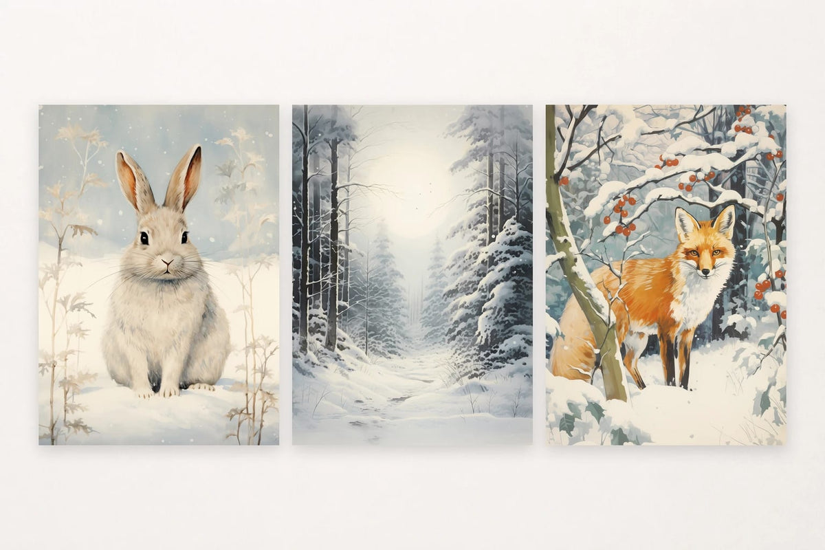 Three winter woodland scenes show a white rabbit, a snow-covered path, and a red fox with berries.
