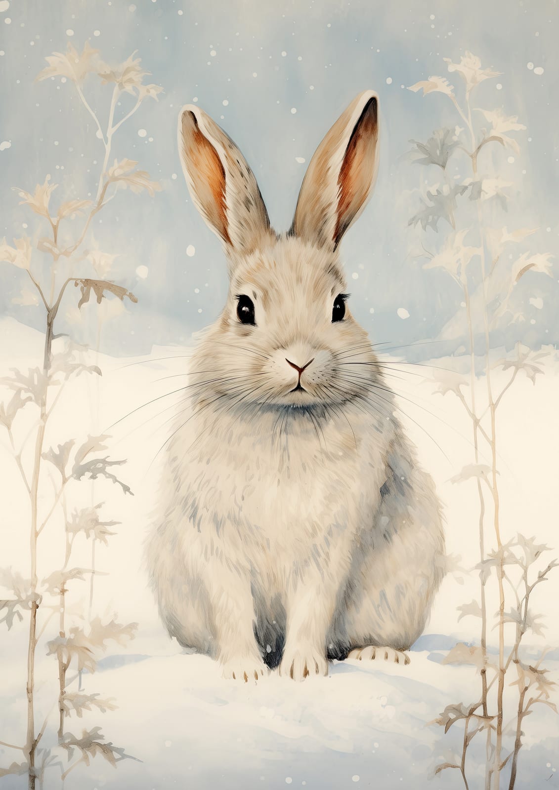 A white rabbit among fine plants in the snow.