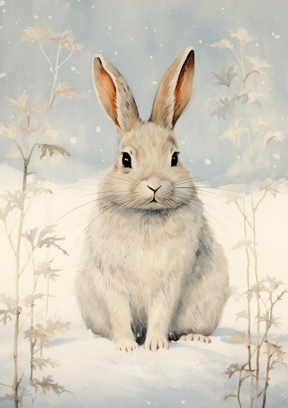 A white rabbit among fine plants in the snow.