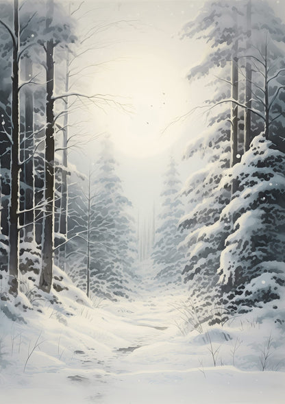 A snowy path between tall trees leads toward a bright opening.