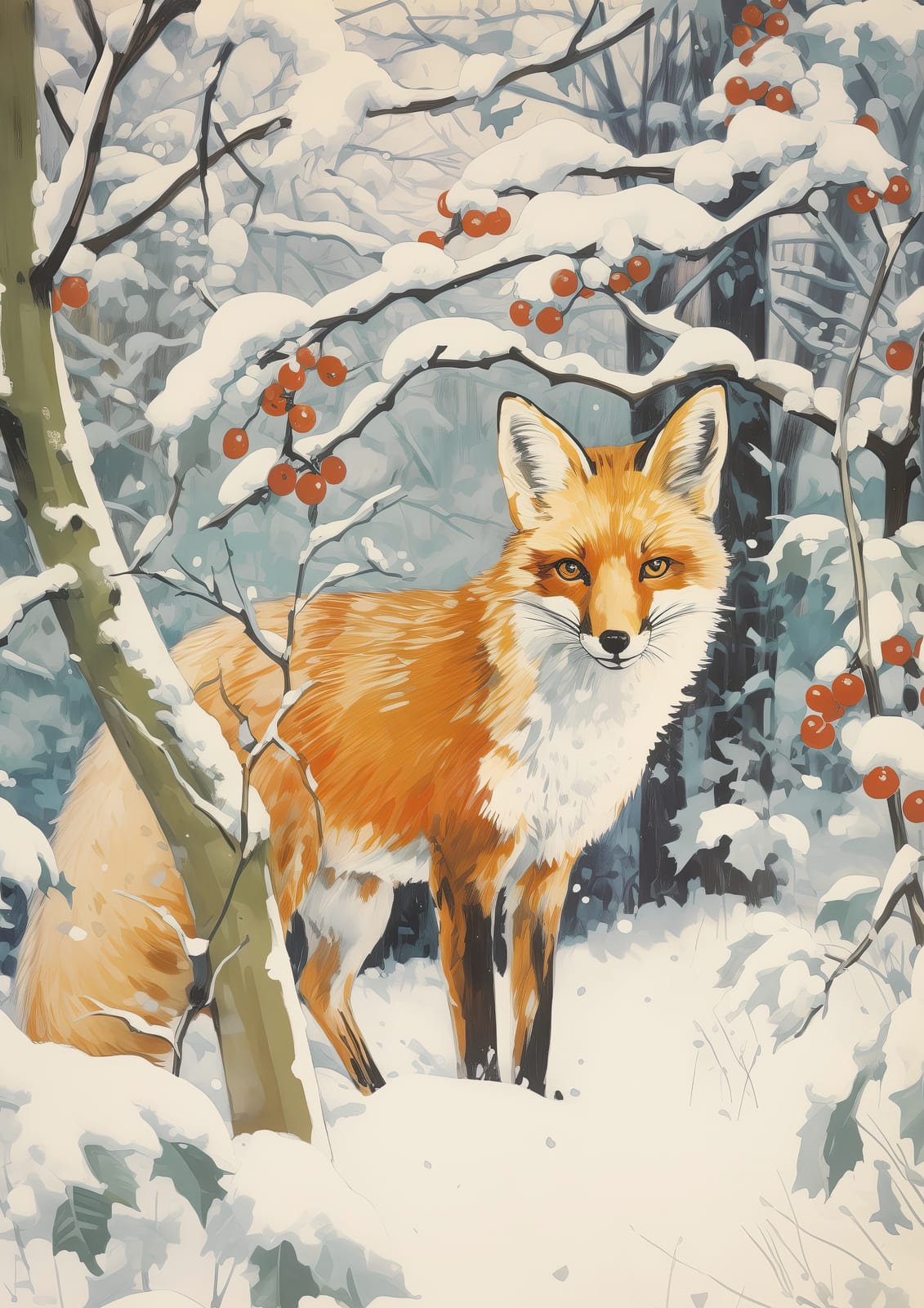 A red fox among snowy branches and red berries.