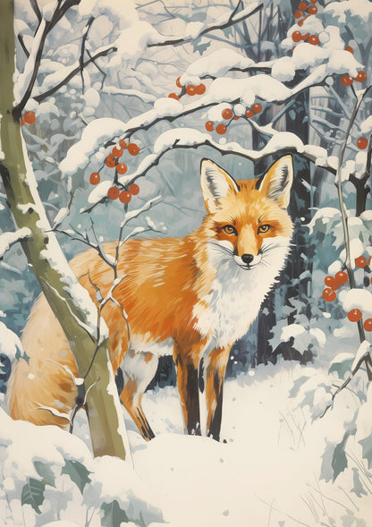 A red fox among snowy branches and red berries.