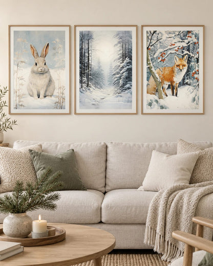 A snowy rabbit, forest path, and fox with berries grouped in a room view; frames are not included.