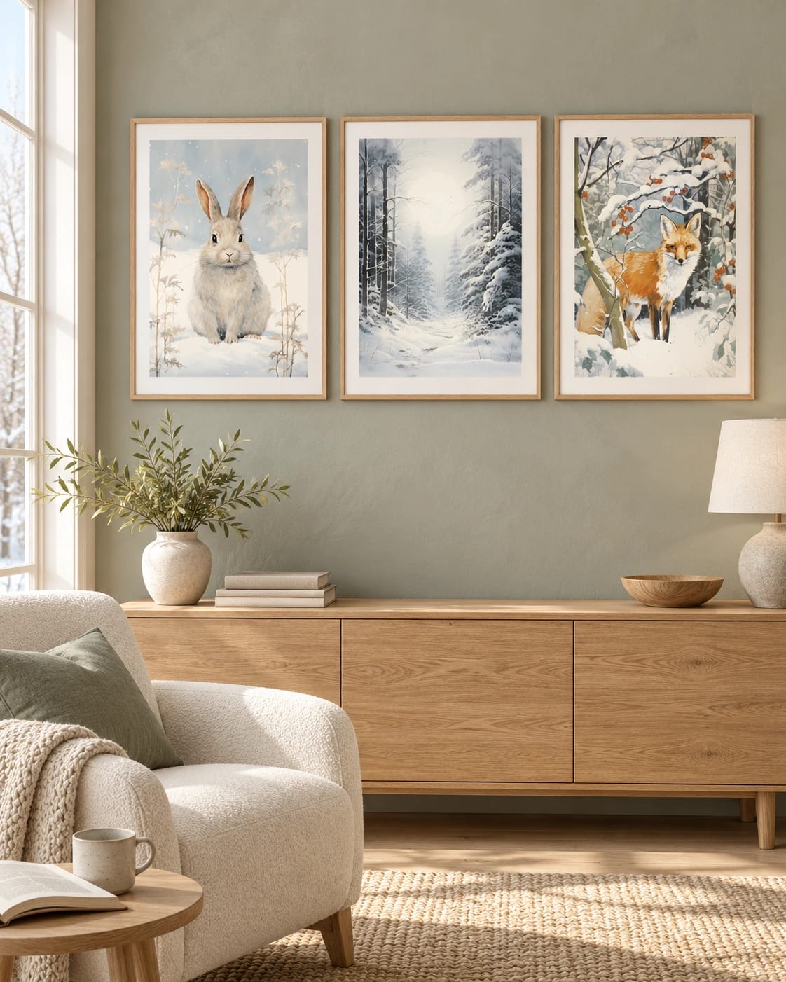 The winter woodland triptych shown together on a wall; frames are not included.