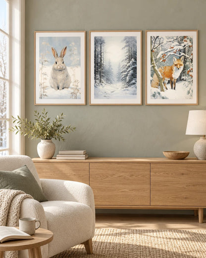 The winter woodland triptych shown together on a wall; frames are not included.