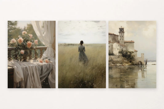 Three light-toned scenes show pink roses, a figure in tall grass, and a tower reflected in water.