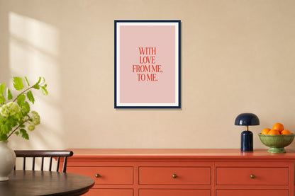 With Love Typographic Print print displayed in a kitchen matched to its coral orange, leaf green, navy palette