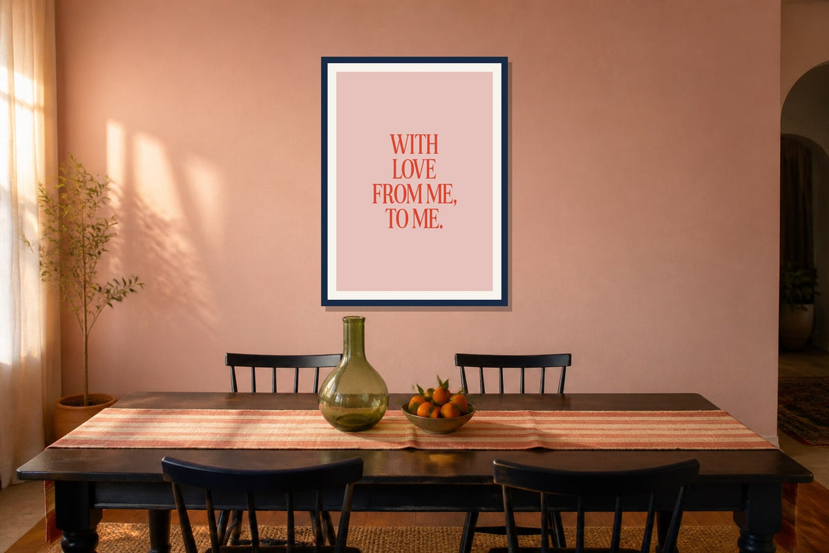 With Love Typographic Print print displayed in a dining room matched to its coral orange, leaf green, navy palette