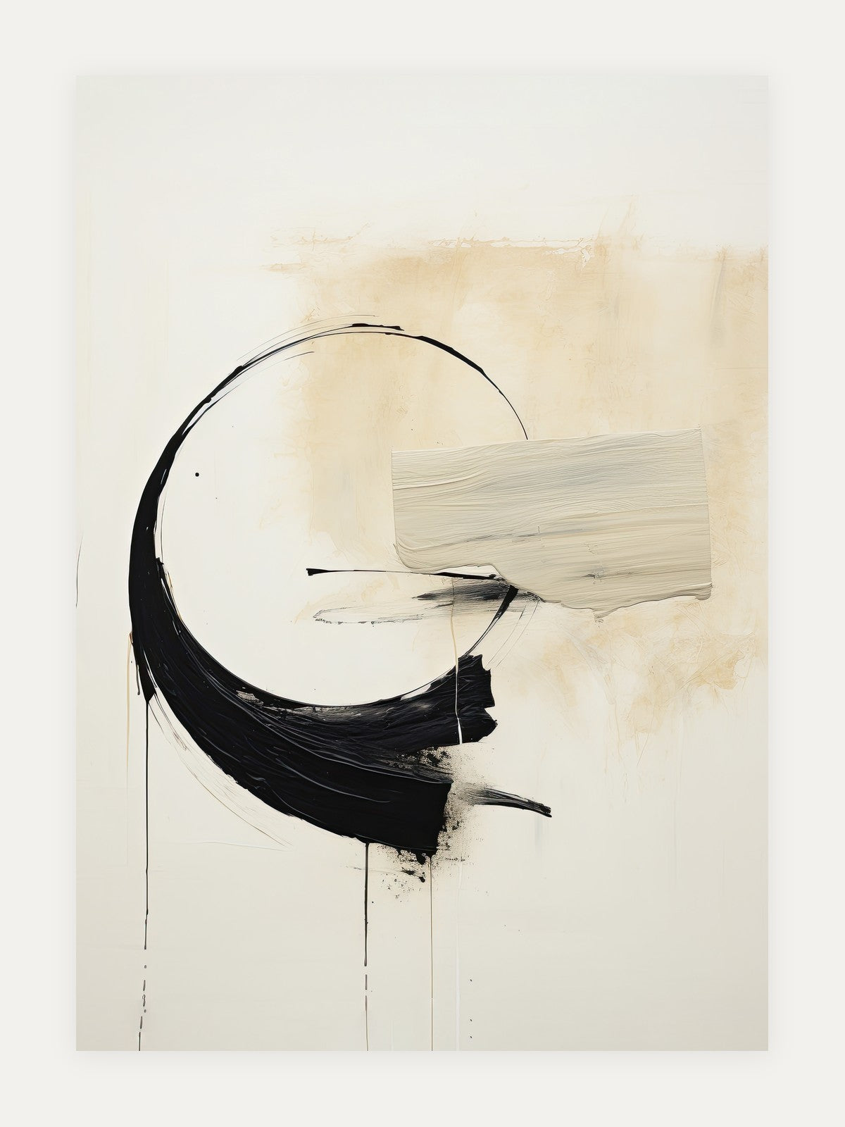 Black circular brushwork crossing a warm cream abstract field.