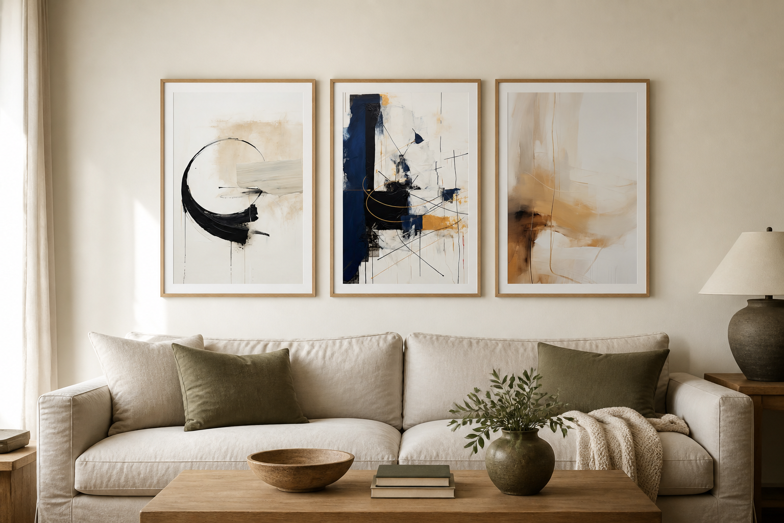 Three coordinated abstract prints in black, navy, ochre, and sand tones styled in thin frames above a neutral sofa.