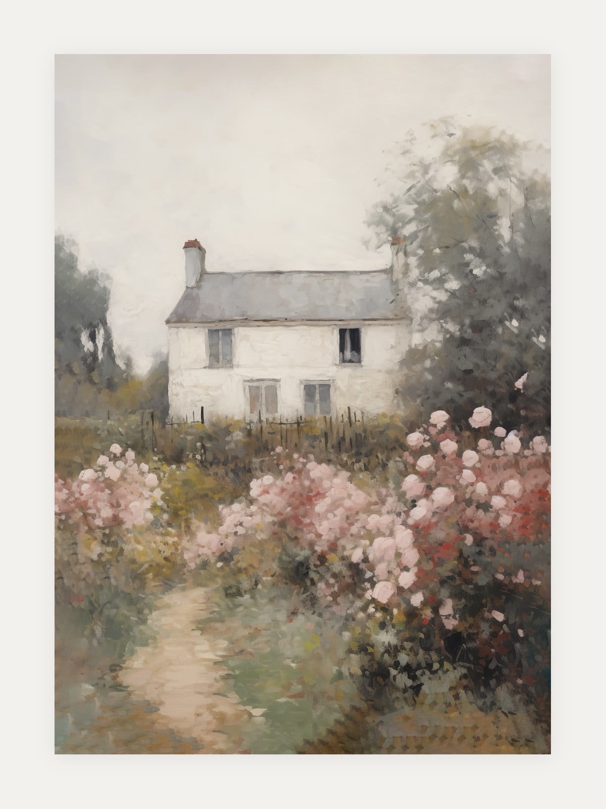 A pale country house beyond a garden path filled with loose pink flowers.