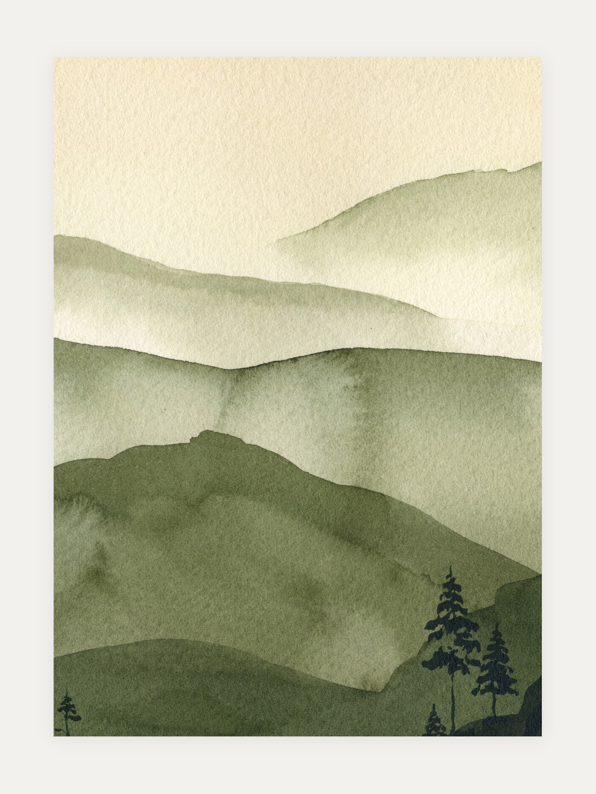 Layered watercolor hills in muted olive green with small dark trees.