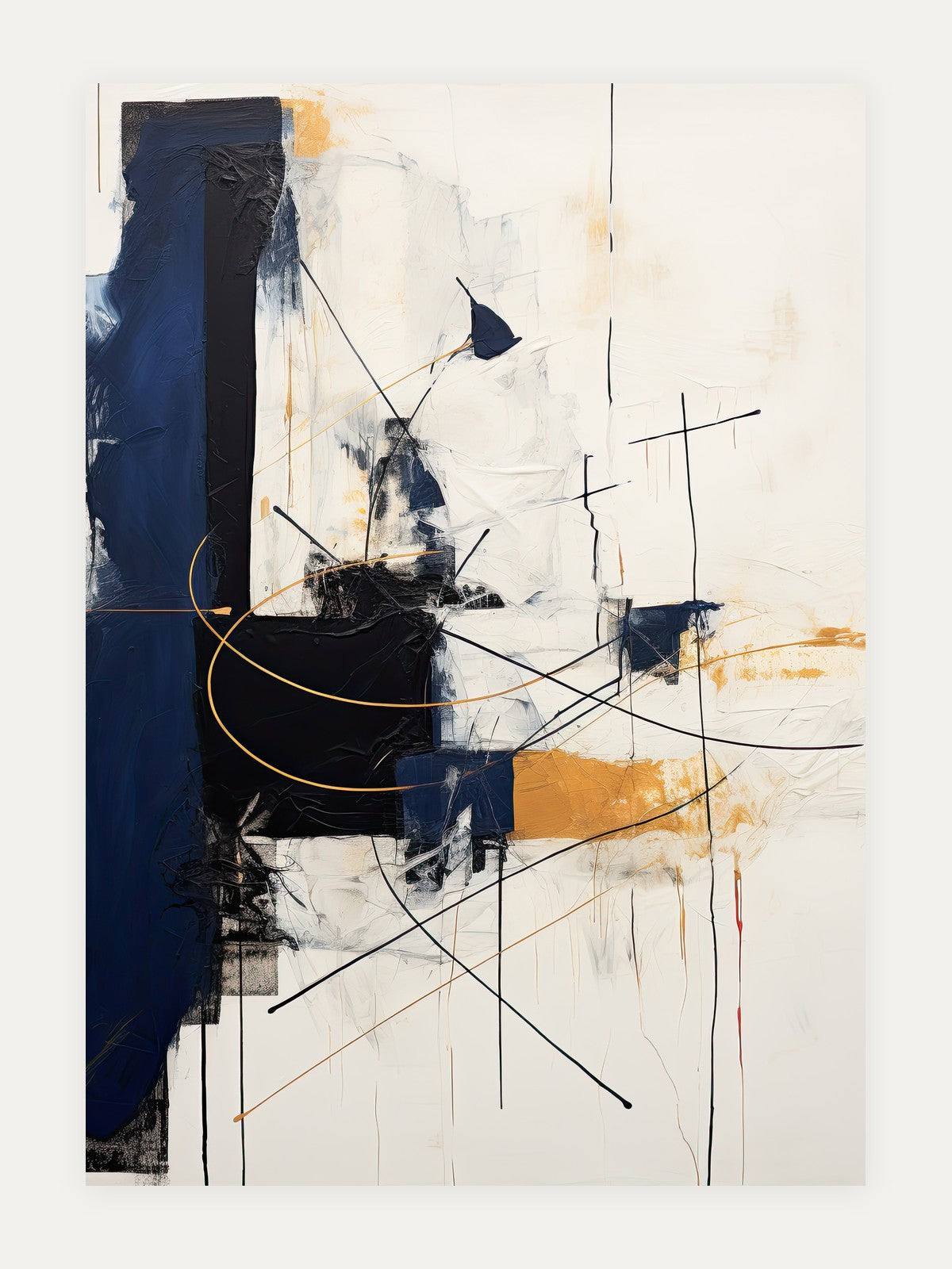Navy, black, and ochre gestures layered across an off-white abstract field.